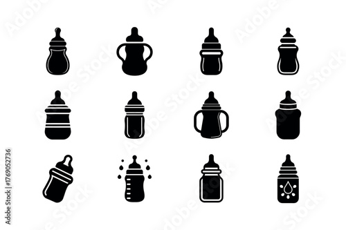 Baby Bottle Icons Set – Black and White Feeding Bottle Vector Illustration