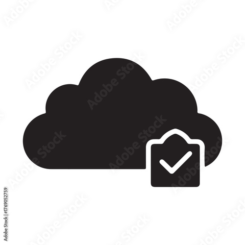 Cloud storage verification icon symbol with checkmark for secure online data transfer and backup service technology solutions for business