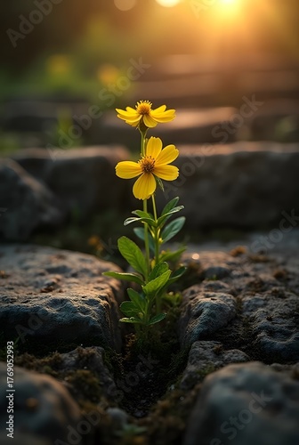 Two vivid yellow flowers sprout from a deep crack in weathered gray stone, vertical composition. Golden hour light warmly bathes the blurred background, providing a serene bokeh effect.