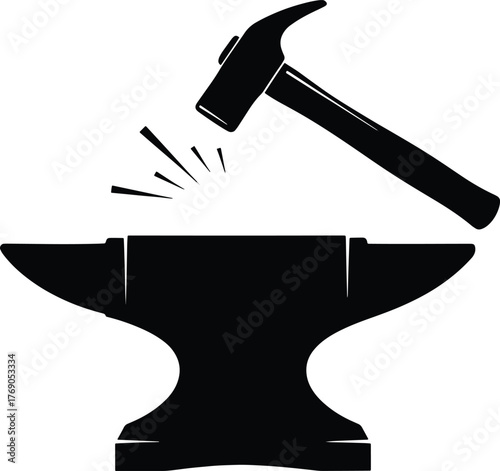 Black silhouette of a hammer striking an anvil with sparks hitting metalworking