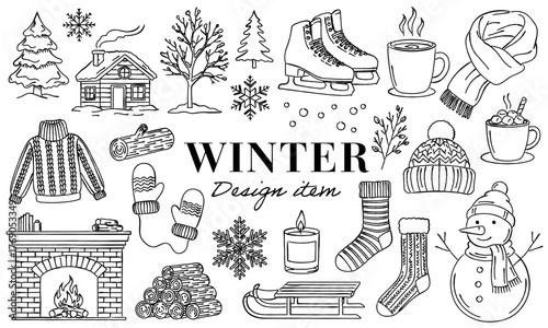 冬のモチーフ 線画イラストセット（雪だるま, 暖炉, セーター, スケート靴など）,手書き,クリスマス,ベクター