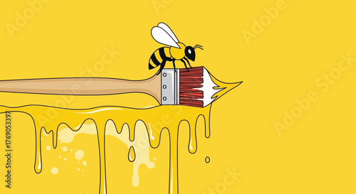 A whimsical illustration of a bee perched on a paintbrush dripping honey yellow