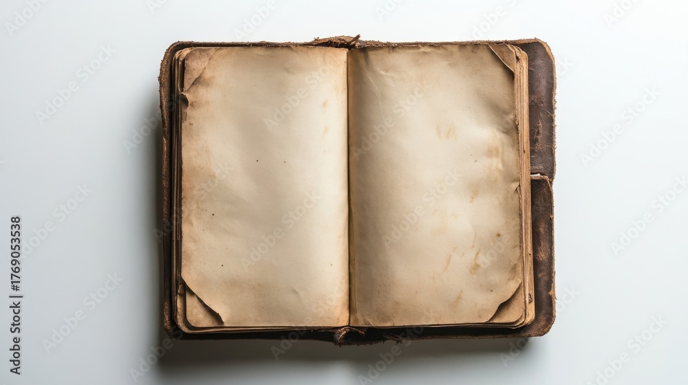 Fototapeta premium Old open book with empty pages resting on a white surface, showcasing its worn edges and vintage charm