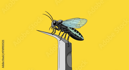 Detailed wasp illustration perched precariously on a needle's edge against a striking bright