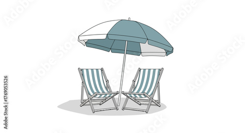 Two beach chairs under an umbrella represent a relaxing vacation scene in summer minimal style