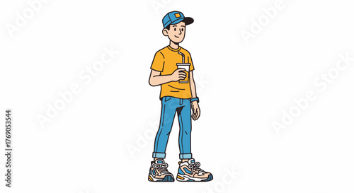 Illustration of a trendy young man enjoying a beverage on a casual outing scene