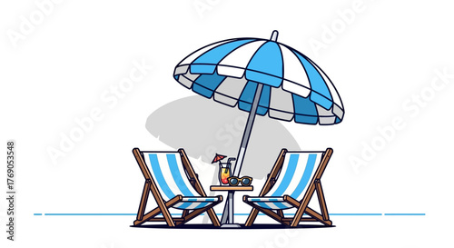 Tranquil seaside getaway illustration showcasing sunbeds, umbrella, and refreshing drinks in a