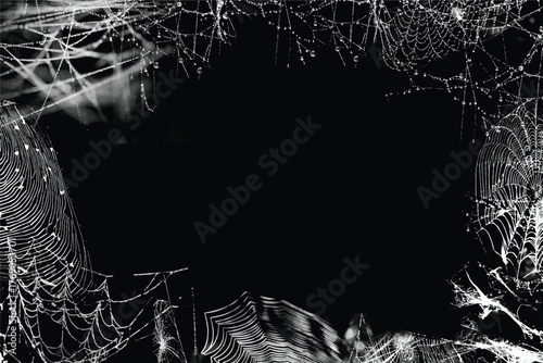 Cobweb frame. Spider web isolated on black grunge background. Halloween party. Texture of spider web. Halloween decoration. Gothic style Copy space	