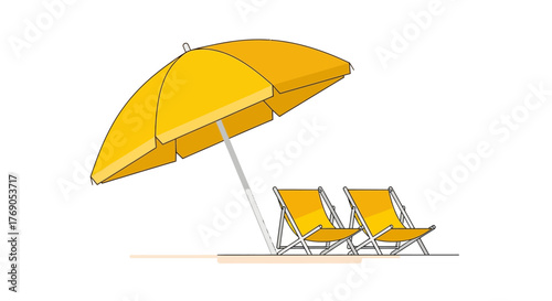 Stylized beach scene with a vibrant yellow umbrella and two relaxing deck chairs