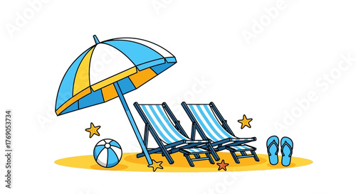 Illustrative summer beach scene featuring umbrella, chairs, ball and starfish creating a relaxing