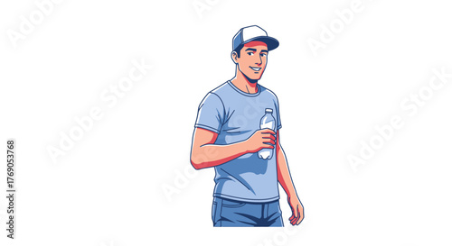 Cartoon man holding water bottle wearing a cap in casual attire on white background