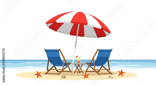 Idyllic beach escape with vibrant umbrella, chairs, cocktail, and starfish illustration