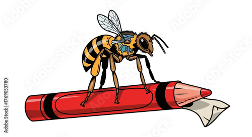 Illustrated honeybee perched upon a red crayon, symbolizing creativity and pollination in a