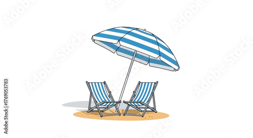 Stylized summer vacation scene with beach umbrella and chairs offering tranquil respite