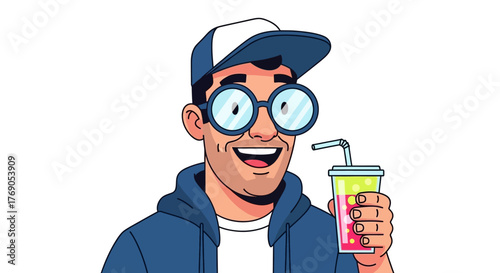 Cheerful cartoon character with oversized glasses enjoying a refreshing colorful drink