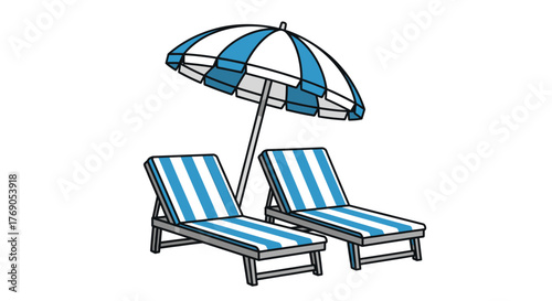 Inviting beach scene with striped loungers under a matching striped umbrella artwork