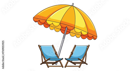 Relaxing cartoon beach getaway scene with umbrella and beach chairs in vibrant colors