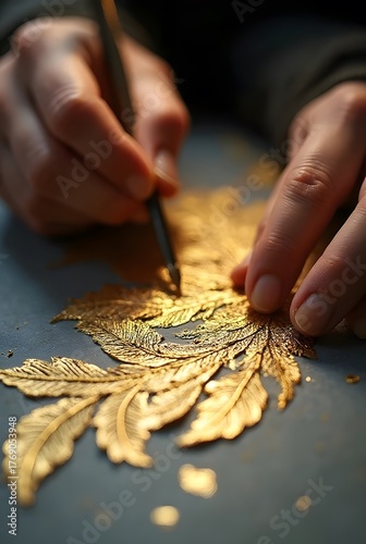 Hands precisely craft textured golden feather patterns on a rich dark background, vertical composition. The luminous metallic finish and elegant composition offer a luxurious visual.