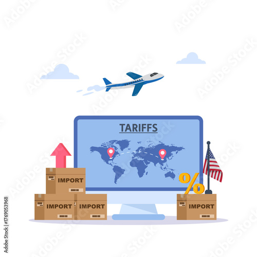 Isometric showing US import tariff increases, affecting global logistics with planes, cargo ships, trucks and map routes symbolizing Import tariffs, trade wars and economic conflicts