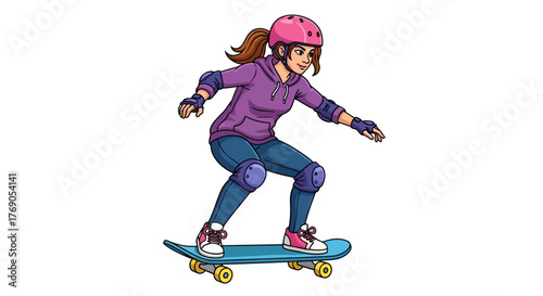 Skateboarding girl enjoys recreational activity wearing safety gear on white background