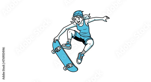 Cartoon depiction of a young woman gracefully executing a mid-air trick on a skateboard