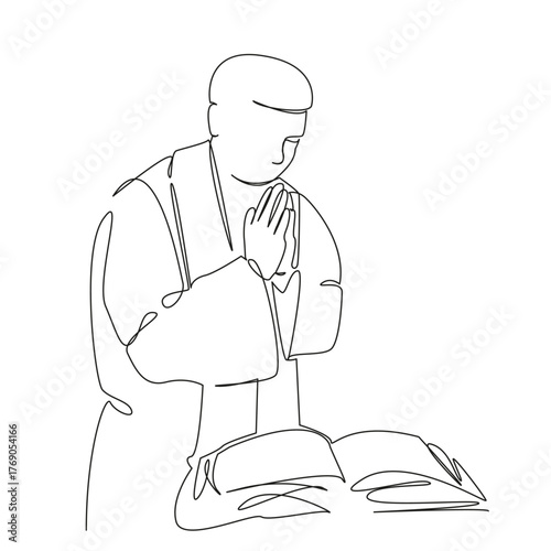 One continuous single drawing line art flat doodle prayer, service, church, faith, priest, clergy, religious, worship, devotion, spiritual. Isolated image hand draw contour on a white background, hand