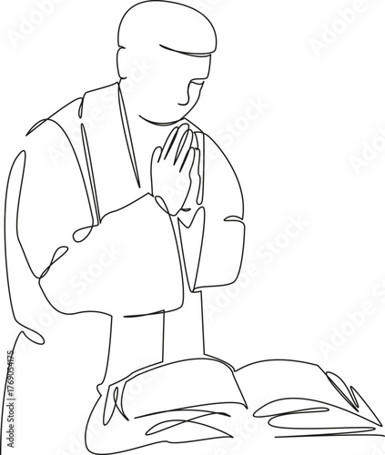 One continuous single drawing line art flat doodle prayer, service, church, faith, priest, clergy, religious, worship, devotion, spiritual. Isolated image hand draw contour on a white background, hand