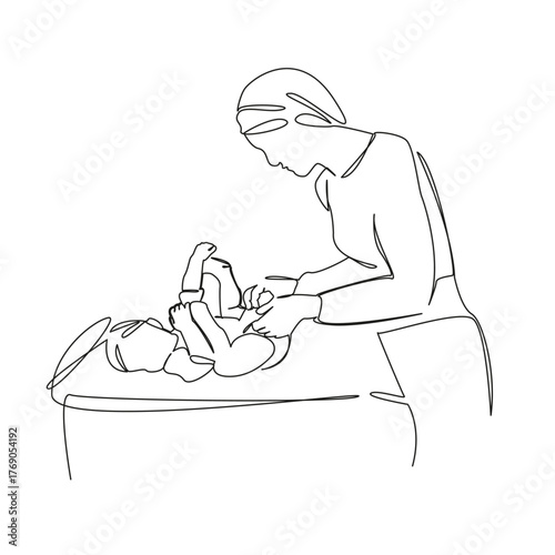 One continuous single drawing line art flat doodle mother, children, diaper, newborn, baby, care, infant, woman, little. Isolated image hand draw contour on a white background, hand drawn, not AI