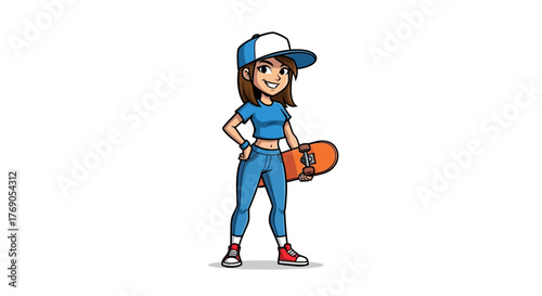 Cartoon skater girl with hat and skateboard isolated on white background smiling broadly