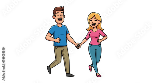 Cheerful couple holding hands strolling together illustrating affection and companionship