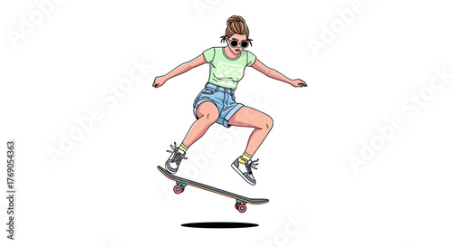Dynamic skateboarding adventure: a young woman executes a daring maneuver with skill