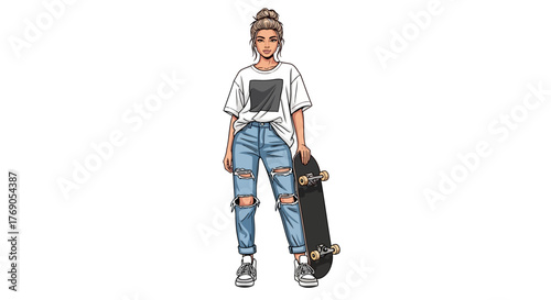 A stylish young woman with a skateboard standing out with contemporary urban fashion style