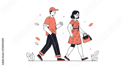 A Couple's Leisurely Stroll: Hand-Drawn Illustration Depicting Urban Living and Lifestyle