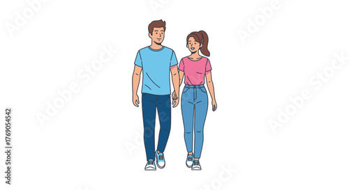 Illustrated young couple walking together in casual attire against a clear background showcasing