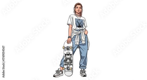 Stylish young woman skater holding a skateboard with a unique design against white background
