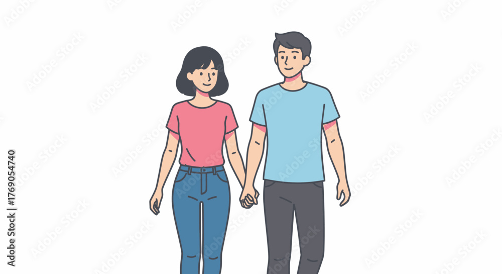 Obraz premium Stylized illustration depicting a young couple strolling hand in hand with joyful expressions