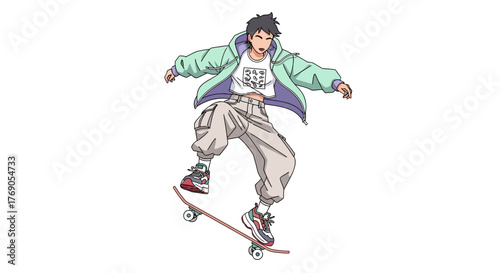 Skateboarding character artwork showcasing stylized youthful energy and fashion forward apparel in