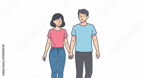 Stylized illustration depicting a young couple strolling hand in hand with joyful expressions