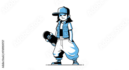 Stylized illustration featuring a cool skateboarder character with an edgy expression