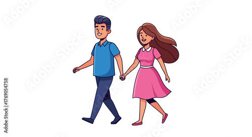 Cartoon couple walking together hand in hand expressing affection and companionship on a stroll