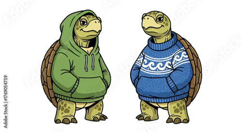 Humorous cartoon of two anthropomorphic turtles wearing casual attire on a white backdrop