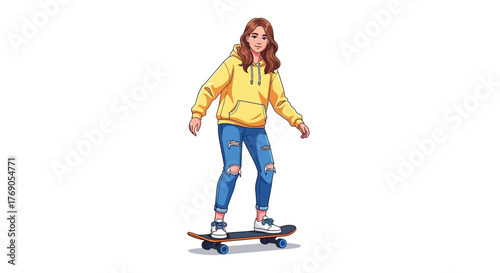Illustration of a carefree young woman skateboarding wearing a yellow hoodie and ripped jeans