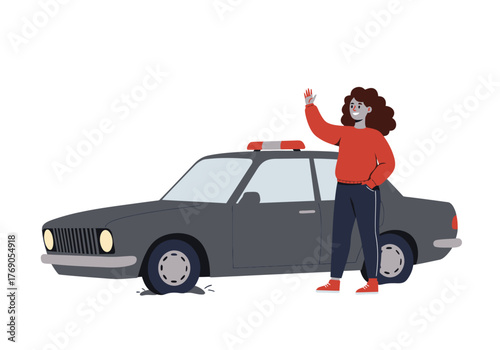 Woman stranded with flat tire by police car, signaling for assistance. Suitable for automotive or emergency service concepts.