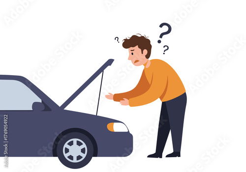 Worried man staring at the open hood of his car. Suitable for automotive repair and maintenance concepts.