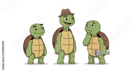 Whimsical turtle trio with expressive poses conveying confidence, contemplation and knowing glances