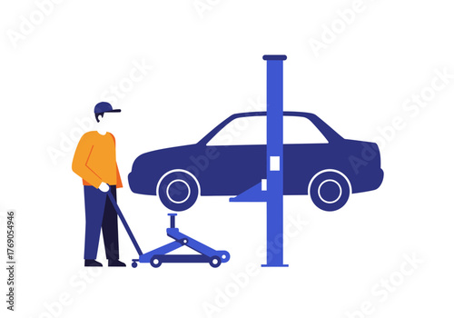 Auto mechanic inspecting car on mechanical hoist. Suitable for automotive, mechanic, maintenance, repair service, car inspection, and transportation industry visuals.
