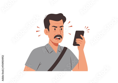 Angry man with mustache looks at phone, frustrated and upset. Suitable for technology or emotional concept illustrations.