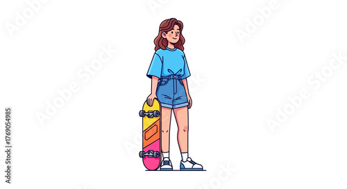 A young woman stands with her skateboard, exuding a casual and carefree attitude perfect for