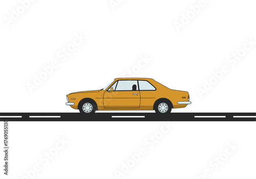 Vintage yellow car cruising on a dark road, perfect for travel blogs, retro car enthusiasts, road trip concepts, and vintage advertising.