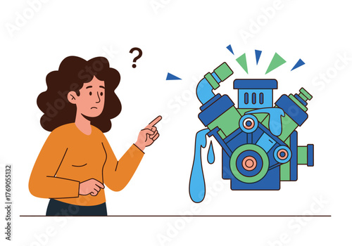 Woman examines a vibrant engine with a leak. Suitable for illustrating mechanical problems, curiosity, technology, or automotive troubleshooting concepts.